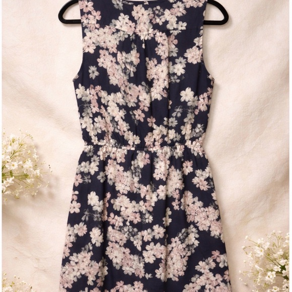 Loft - Navy Floral Sleeveless Midi Dress with Pink Blossoms - Picture 2 of 2